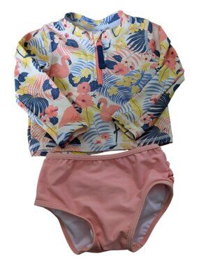 RuffleButts Tropical Flamingo Long Sleeve Zipper Rash Guard Bikini Size 18/24m